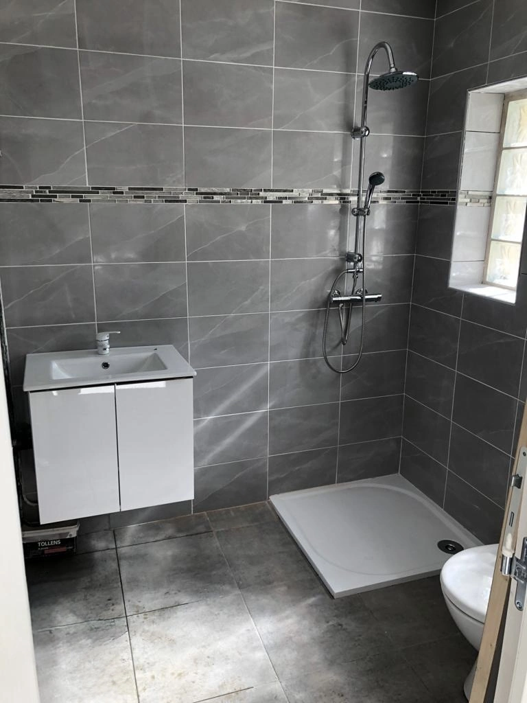 Salle de bain rénovée avec douche, carrelage mural et installation sanitaire complète